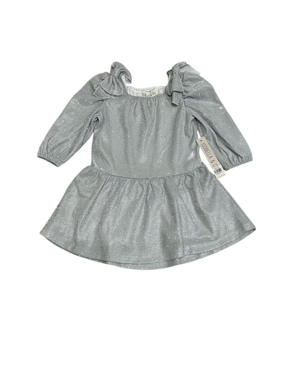 Isobella & Chloe Sparkle Bow Dress Long Sleeve Girl 24M Silver NEW